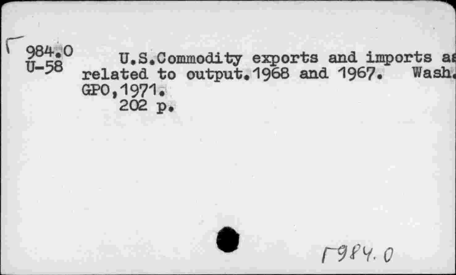 ﻿984*0 U.S.Commodity exports and inports ai u->o reia-ted to output. 1968 and '1967. Wash,
GPO,1971.
202 p.
HW 0